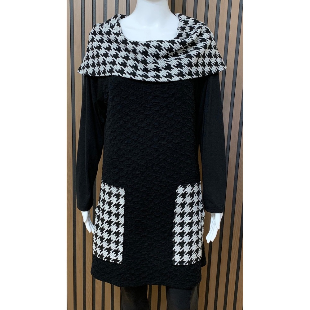 Caleesa Women's Black Houndstooth Cowl Neck Tunic Dress Long Lagenlook M